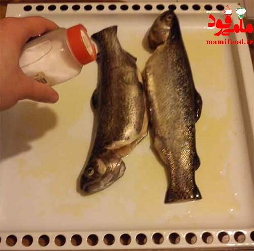 ماهی بریان شده با سبزیجات در فر